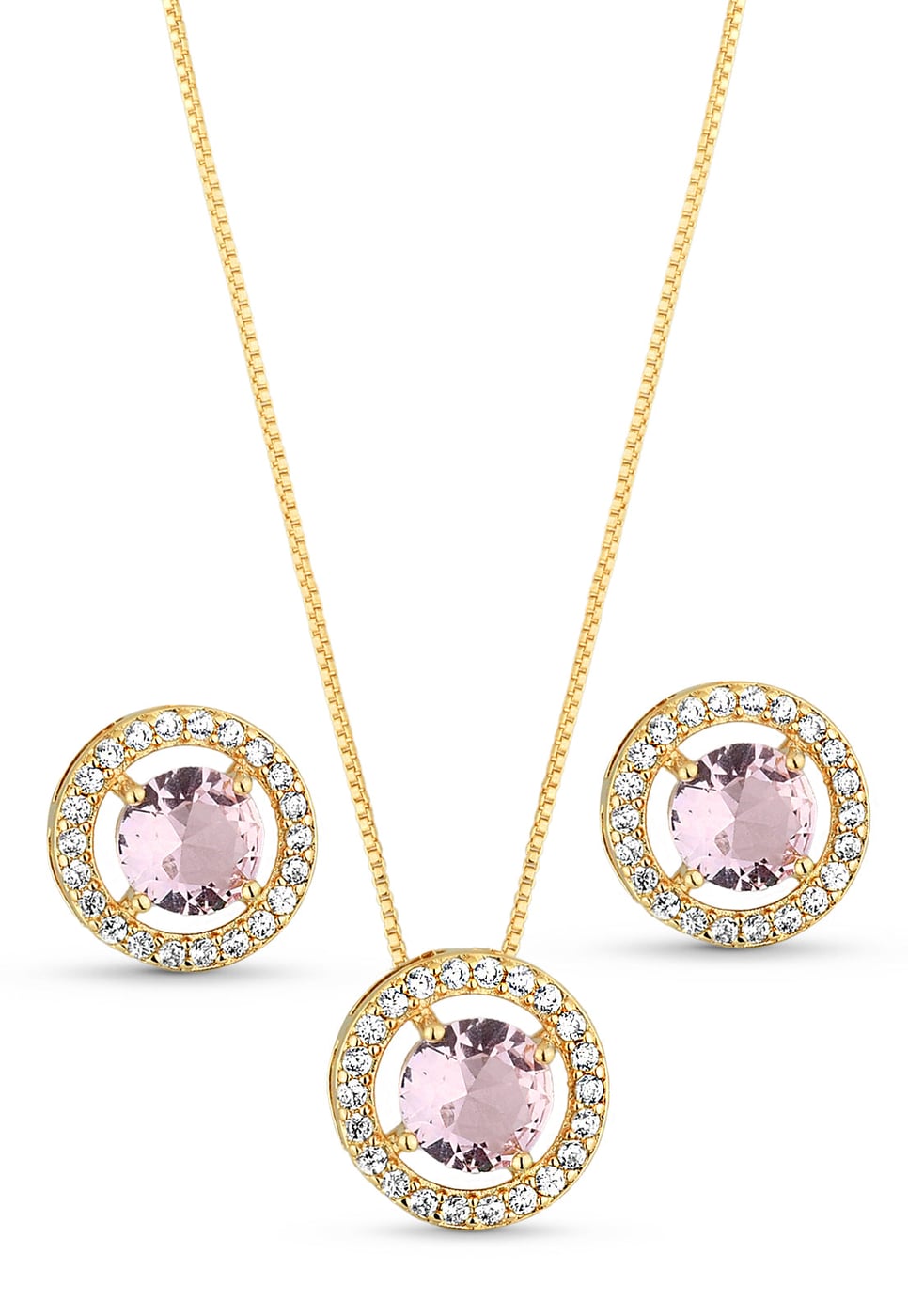 Conjunto Semijoia Colar E Brinco Pedra Rosa Cravejado Zircônias 18k