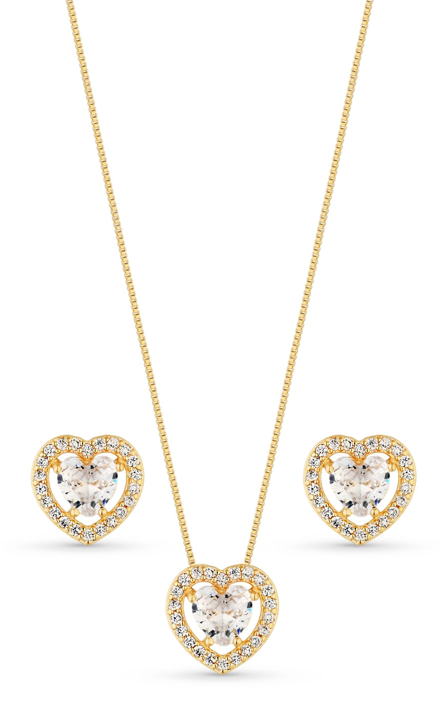 Conjunto Semijoia Colar E Brinco Coração Cristal E Micro Zircônias 18K