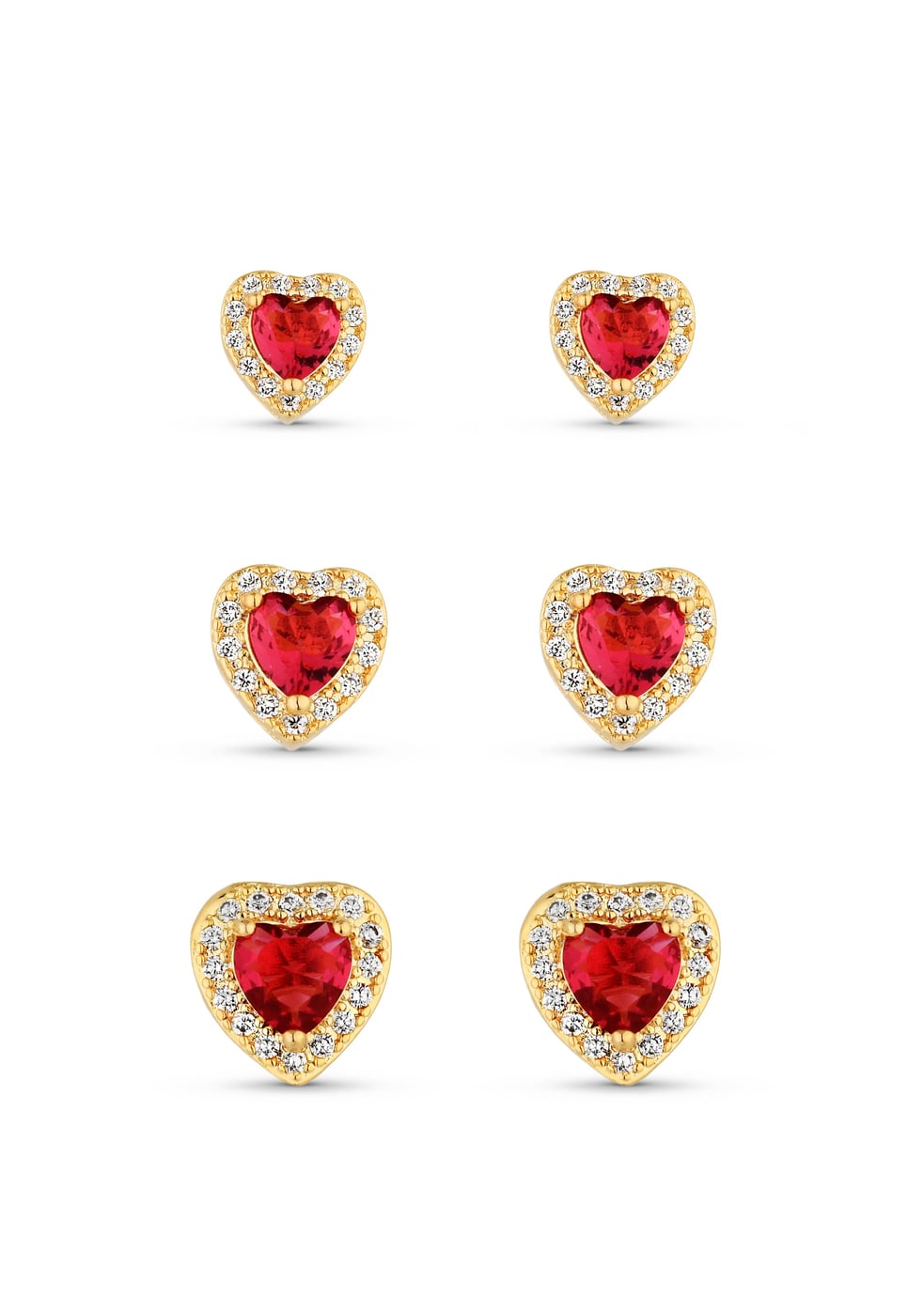 Trio de Brincos Semijoia Coração Fúcsia com Micro Zircônias Banhados a ouro 18k