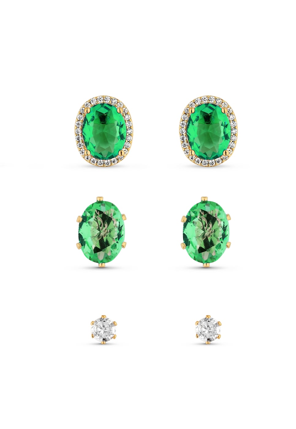 Trio de Brincos Semijoia Pedra Verde e Ponto de Luz Zircônia Banhados a ouro 18k