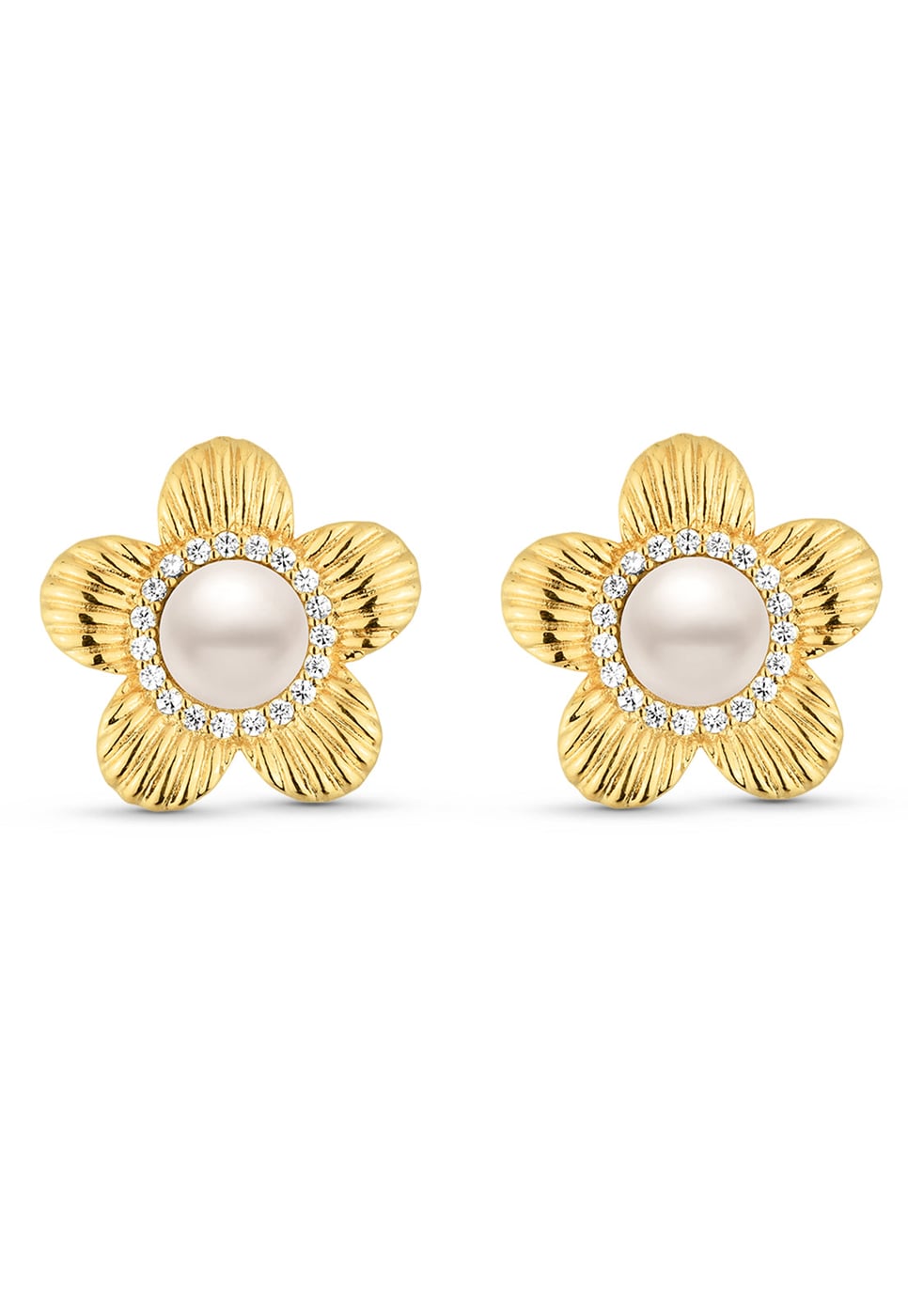 Brinco Semijoia Flor com Pérola Envolta de Zircônias 18k