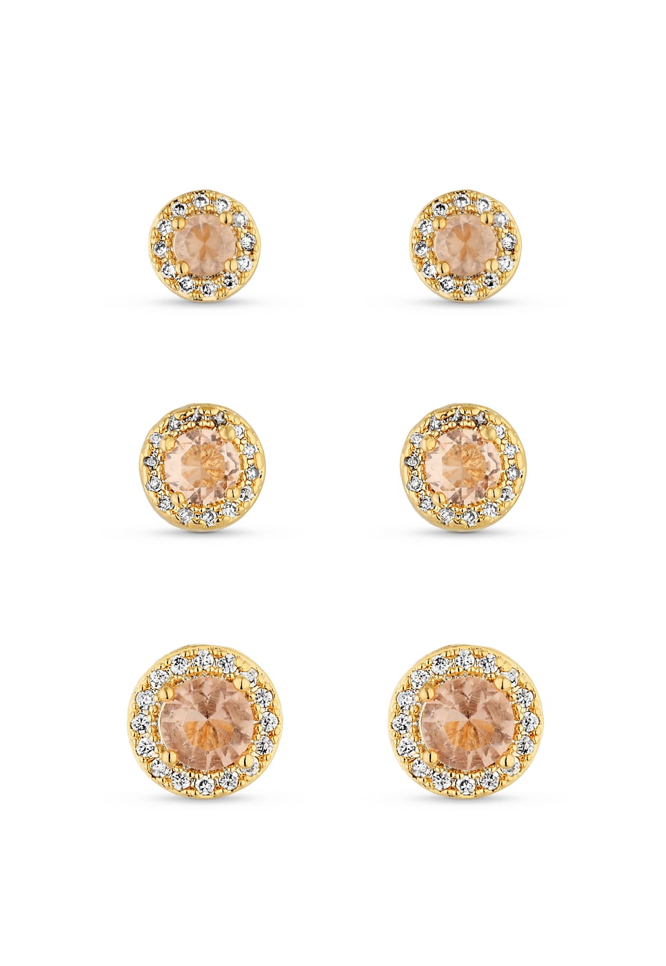 Trio de Brincos Semijoia Morganita com Micro Zircônias Banhados a ouro 18k