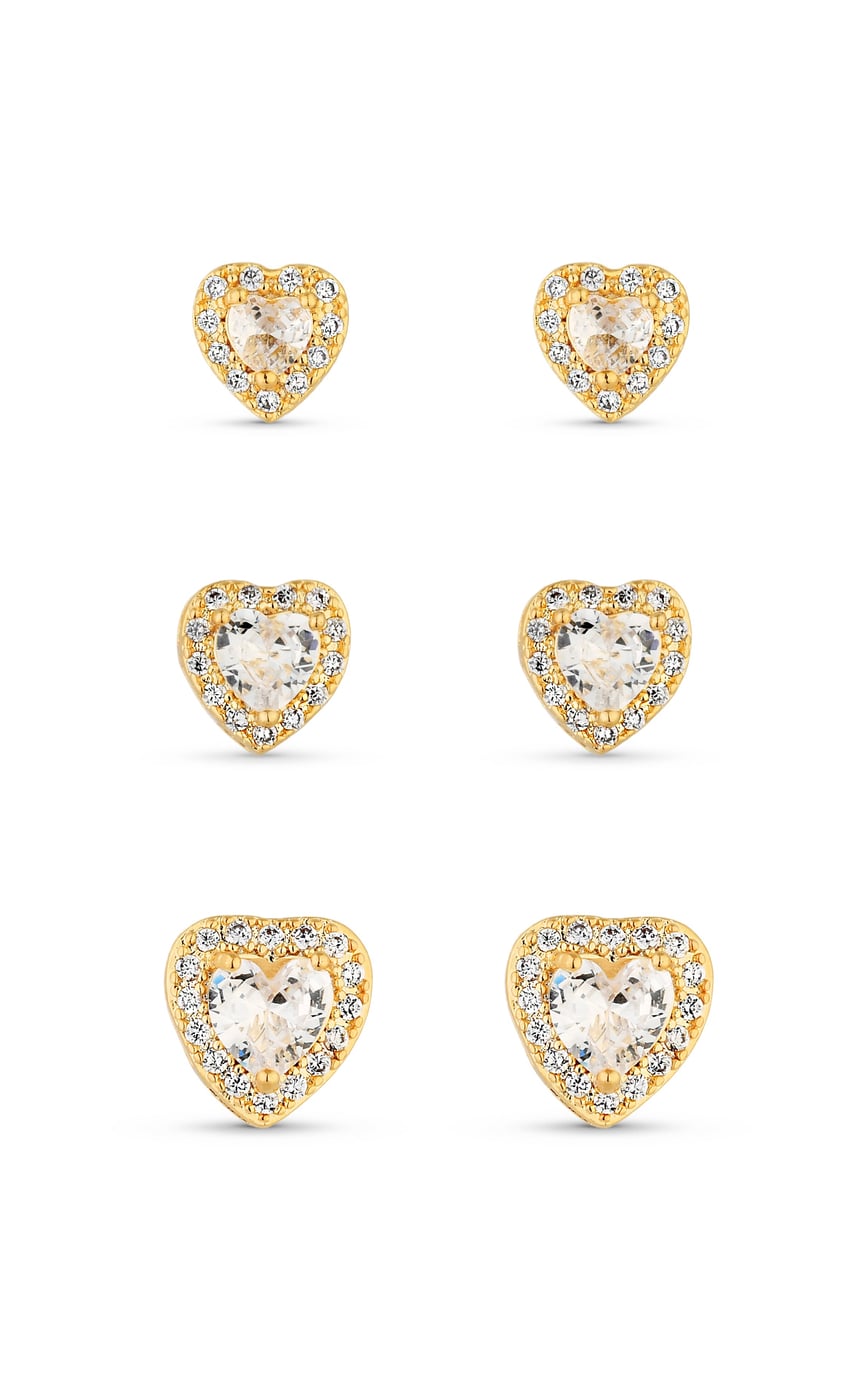 Trio de Brincos Semijoia Coração Cristal com Micro Zircônias Banhados a ouro 18k